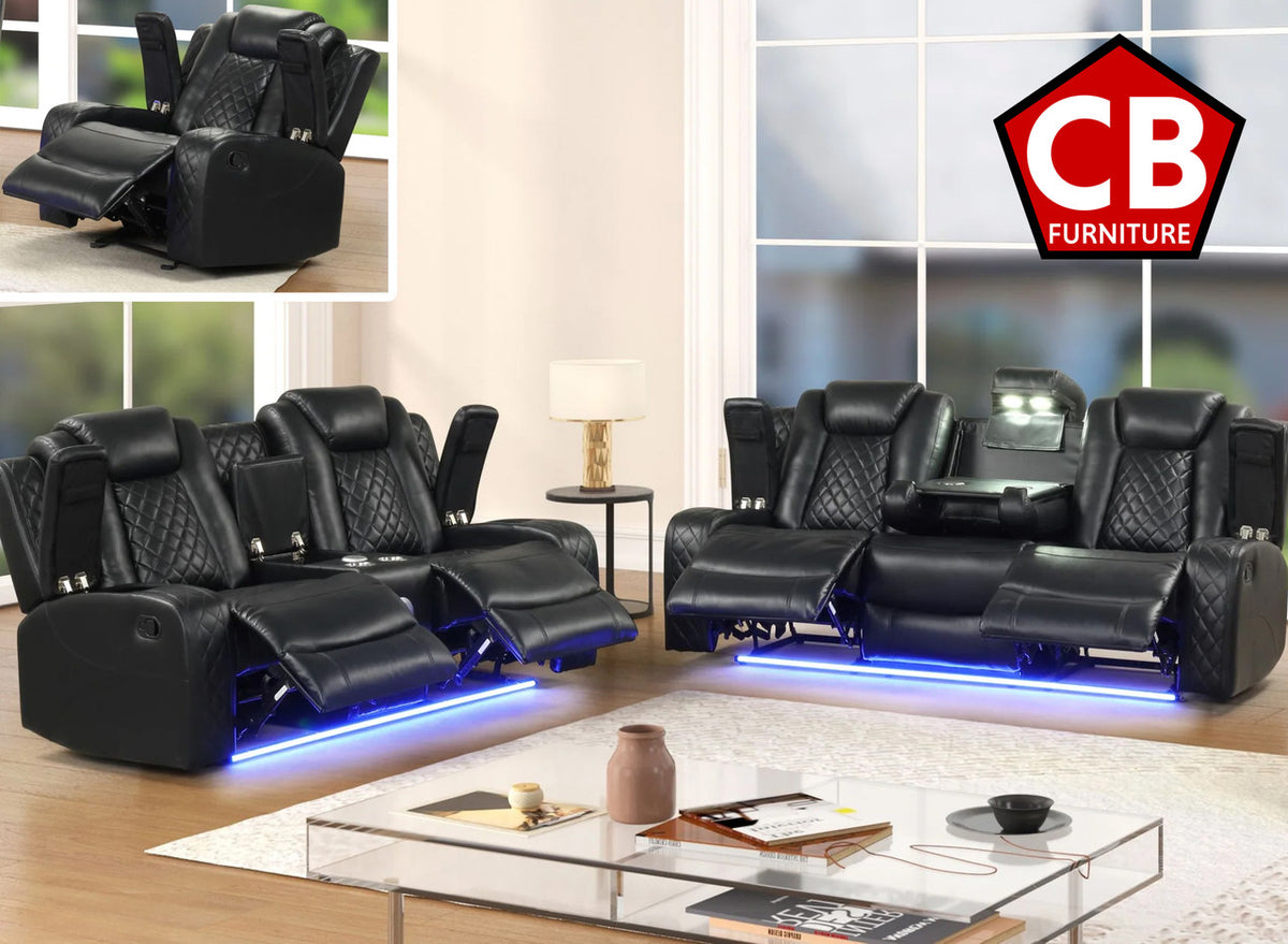 PRAGUE Black 3 Piece Reclining Livingroom with LED Lighting