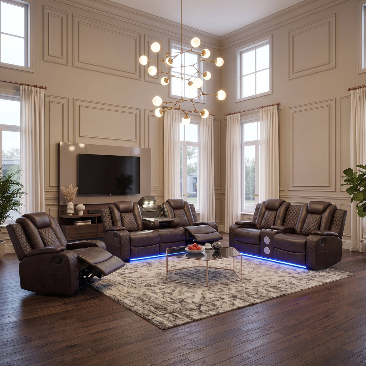 PRAGUE Brown 3 Piece Reclining Livingroom with Bluetooth Speakers