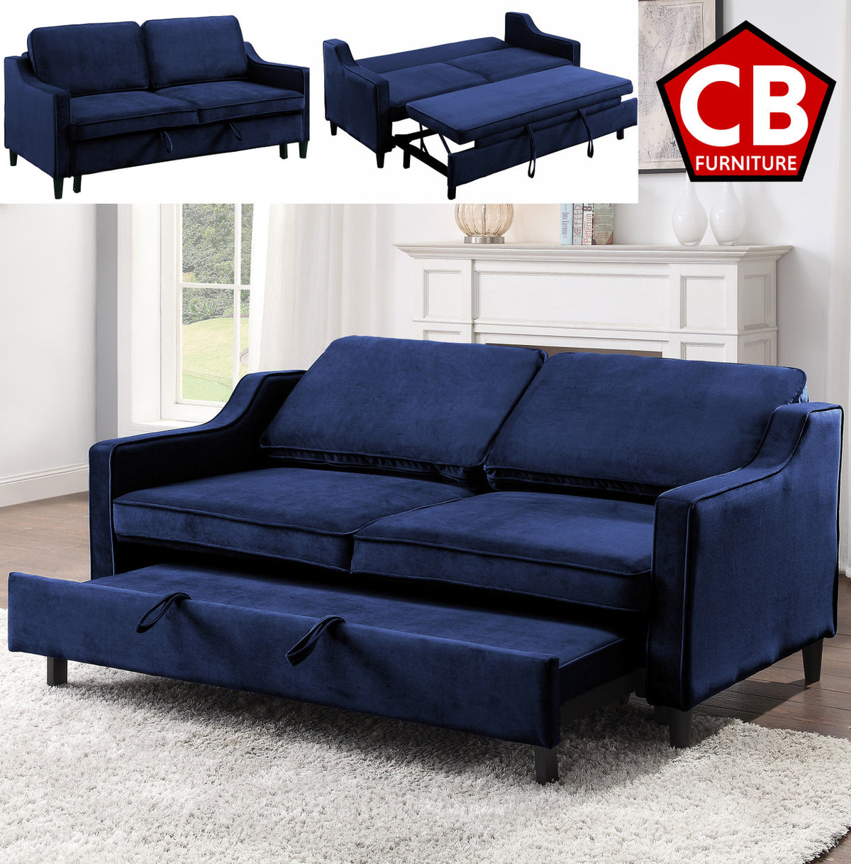 PRAISER Blue Velvet 72" Wide Sofa Sleeper