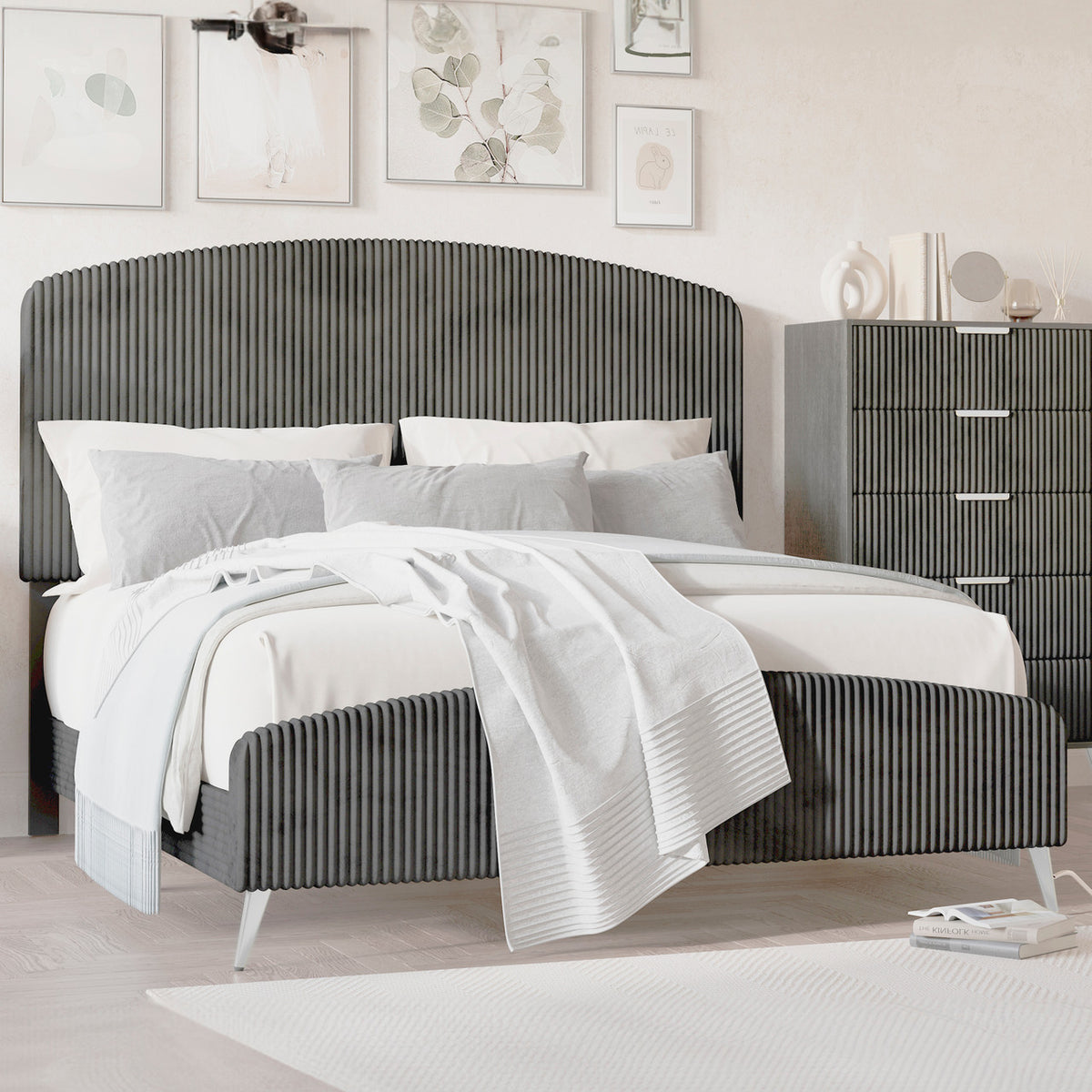 PRINCETON Gray Corduroy Velvet Bedroom Set
