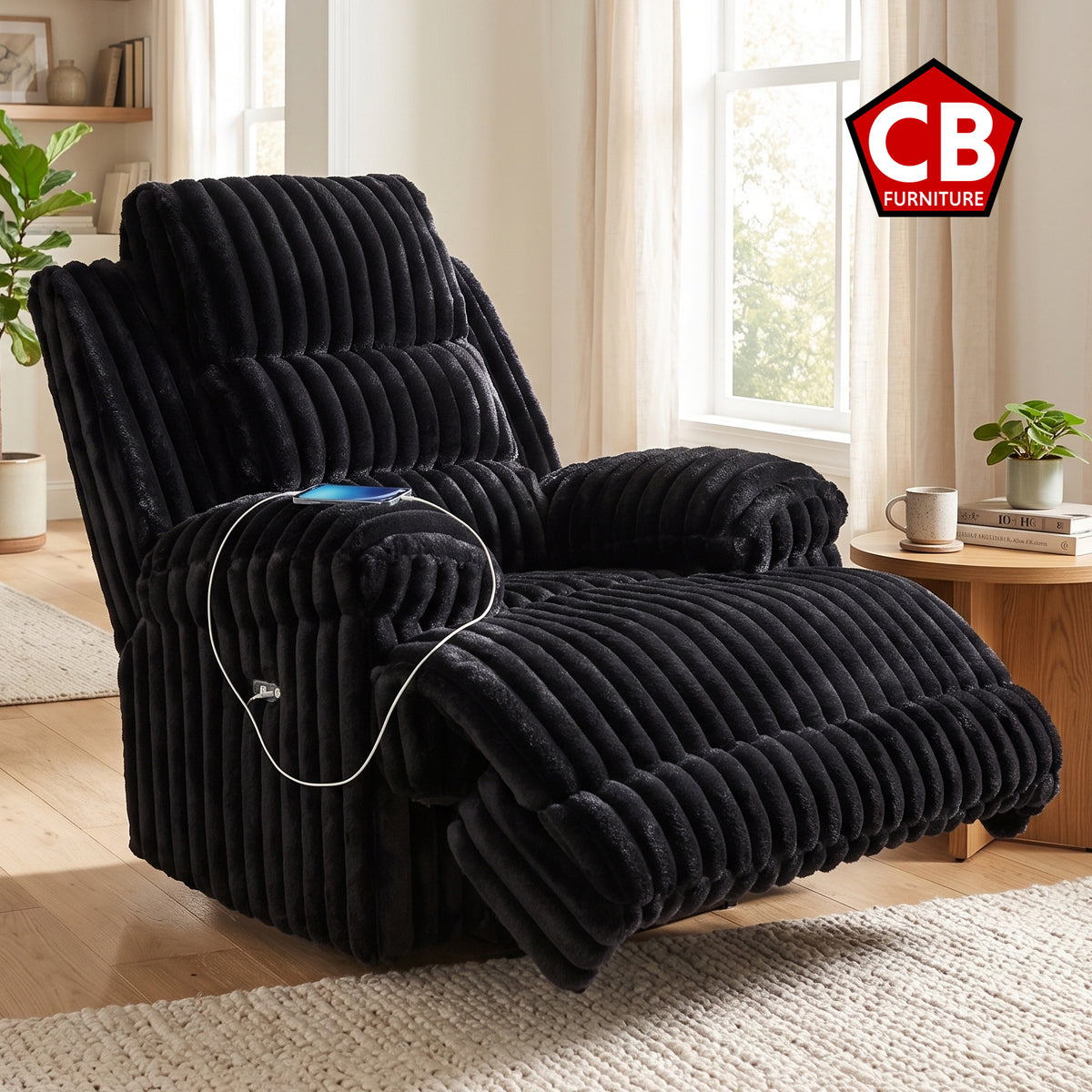 PULITZER Black Corduroy 45" Wide x 44" Depth Power Recliner