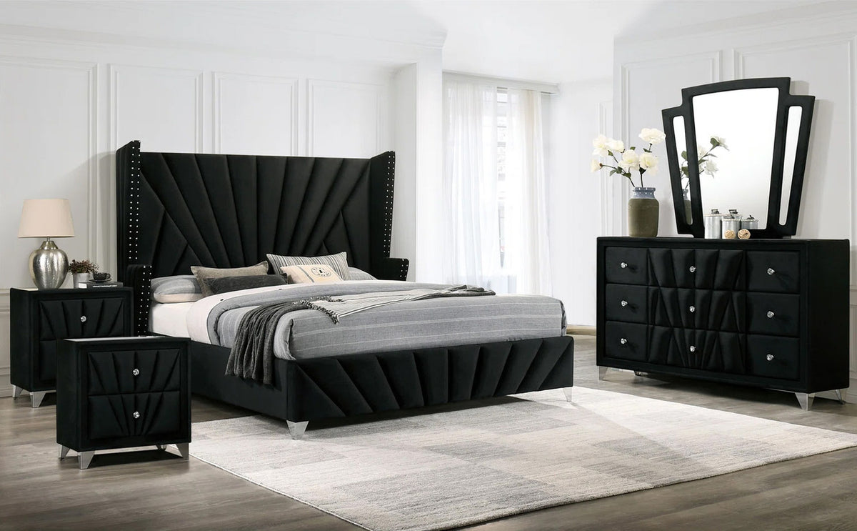 PUREZA Black Velvet Wingback Bedroom Set