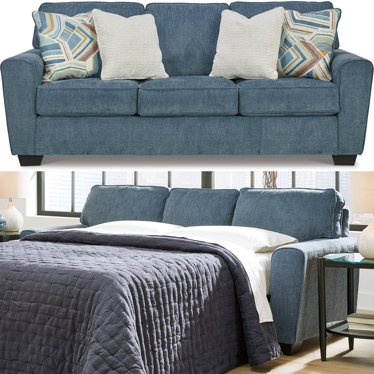 QEZNA Blue 87" Wide Queen Sofa Sleeper
