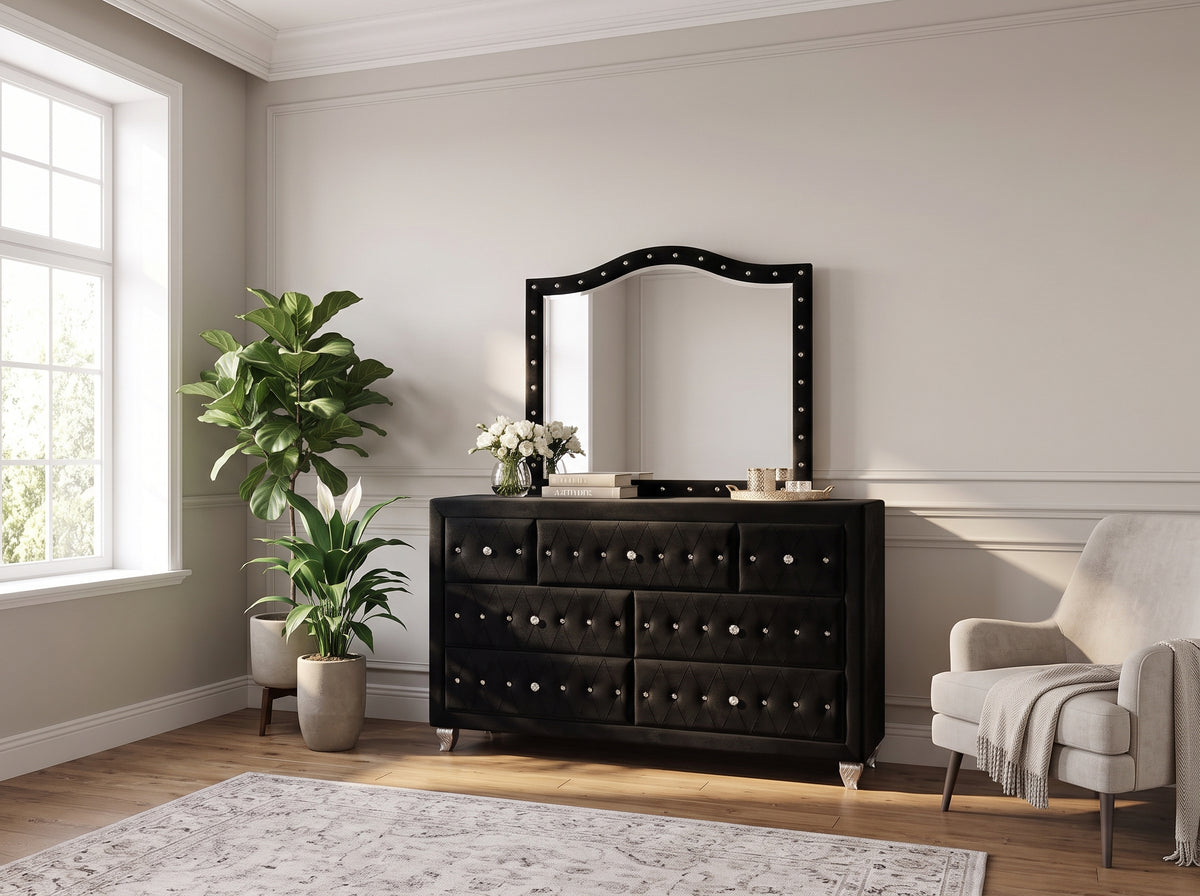 QUINTON Black 61" Wide Dresser & Mirror with Jewelry Storage