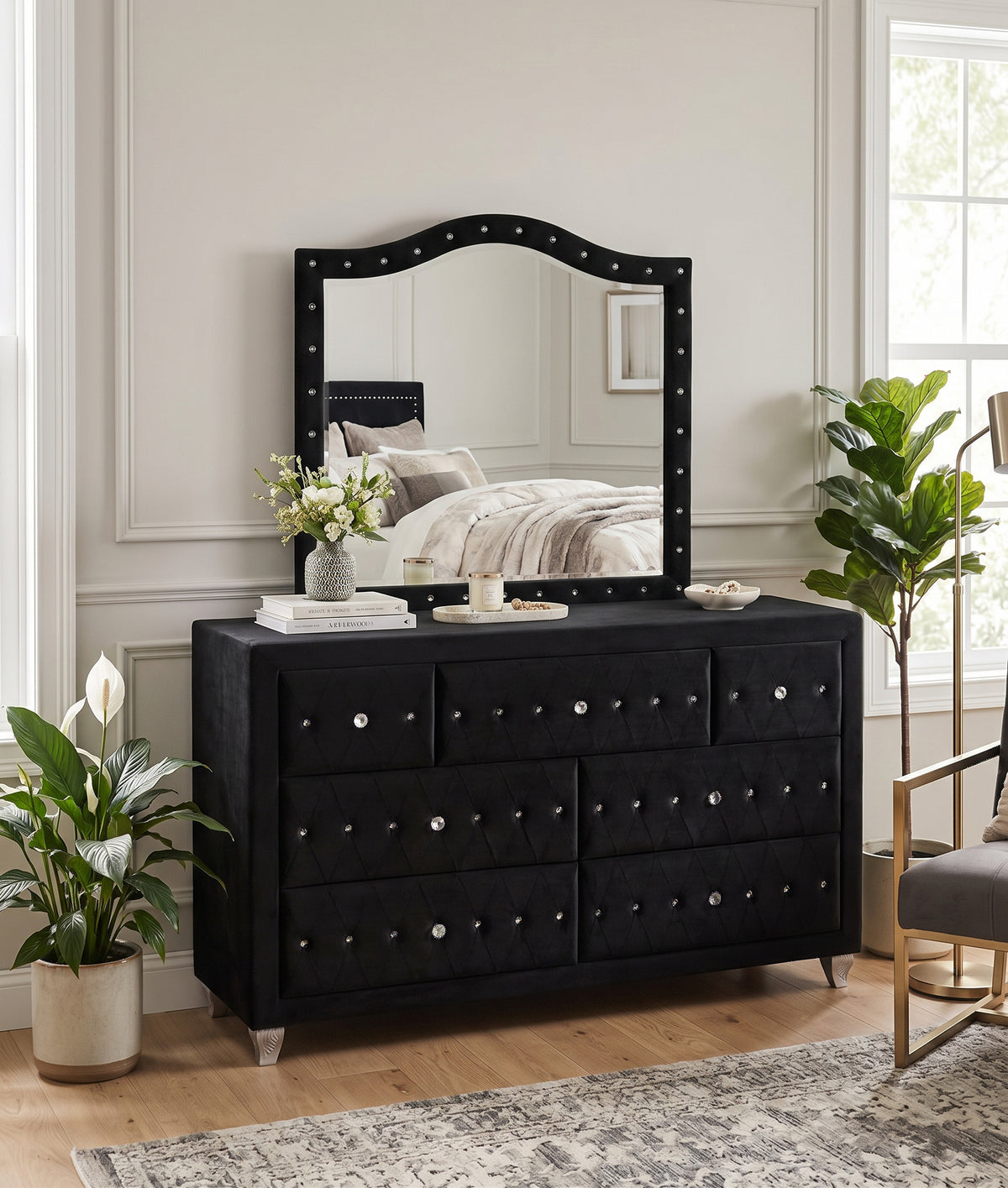 QUINTON Black 61" Wide Dresser & Mirror with Jewelry Storage