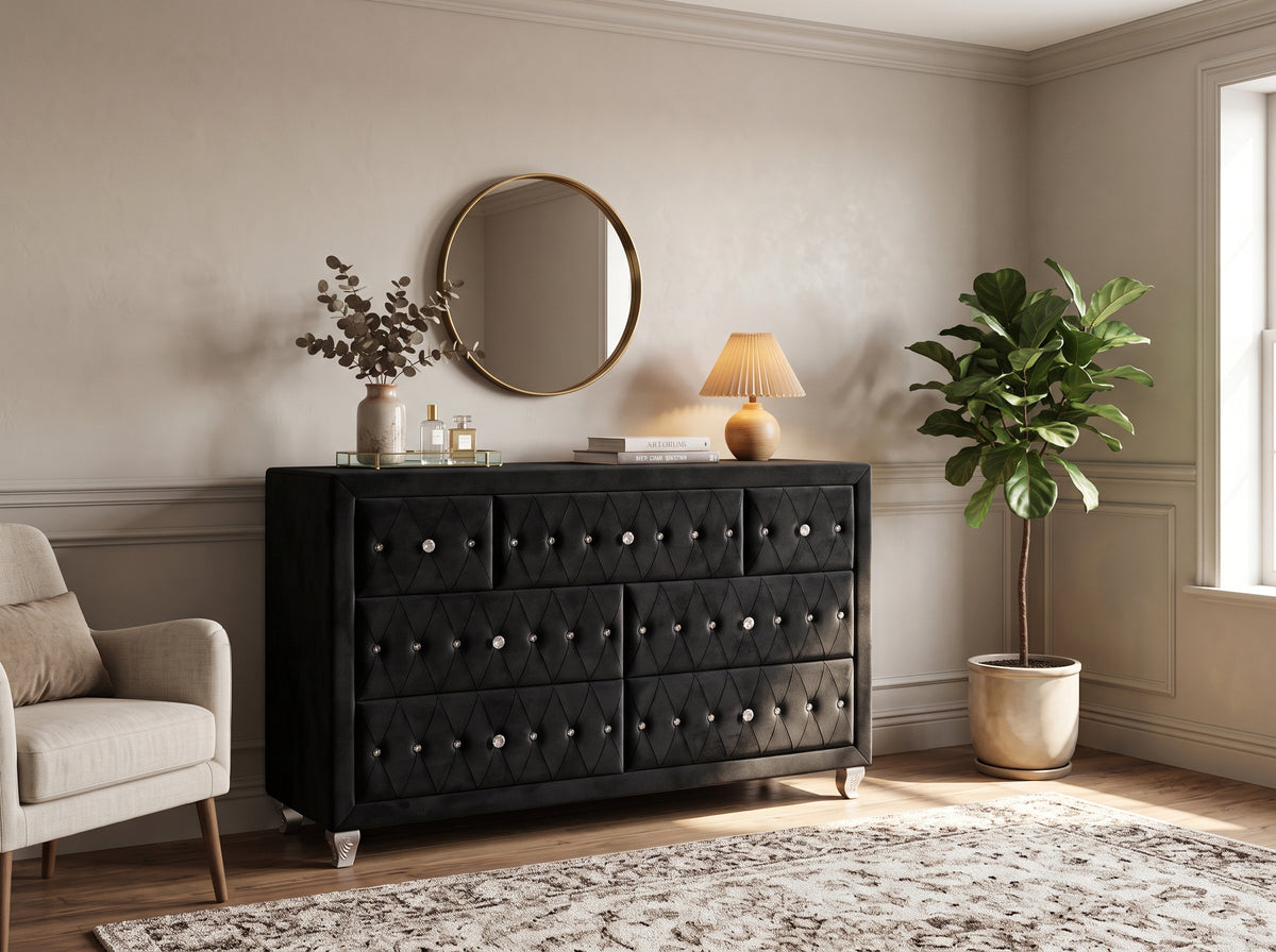 QUINTON Black Velvet 61" Wide Dresser with Jewelry Storage