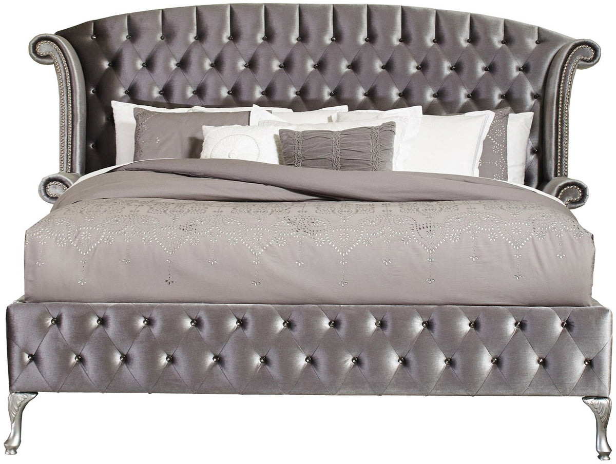 QUINTON Silver Velvet 66" Height Bed with Armrests