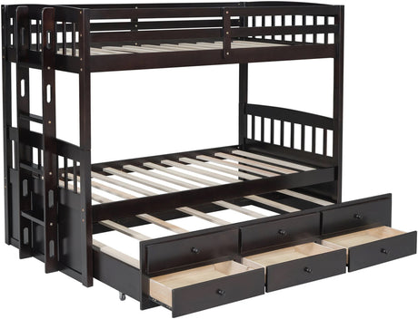 RASCAL Dark Brown Twin over Twin Bunk Bed with Trundle & Drawers