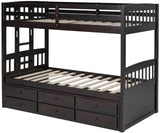 RASCAL Dark Brown Twin over Twin Bunk Bed with Trundle & Drawers