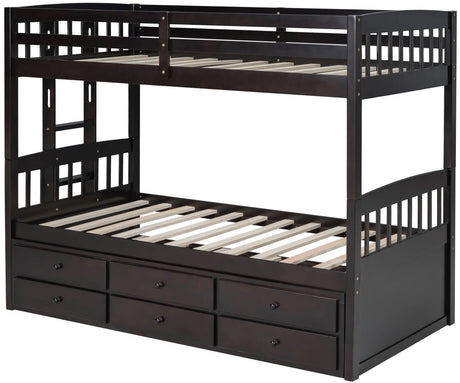 RASCAL Dark Brown Twin over Twin Bunk Bed with Trundle & Drawers