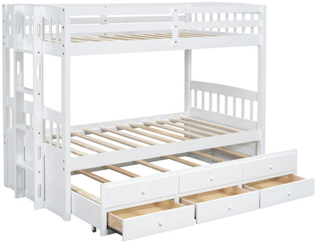 RASCAL White Twin over Twin Bunk Bed with Trundle & Drawers