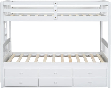 RASCAL White Twin over Twin Bunk Bed with Trundle & Drawers