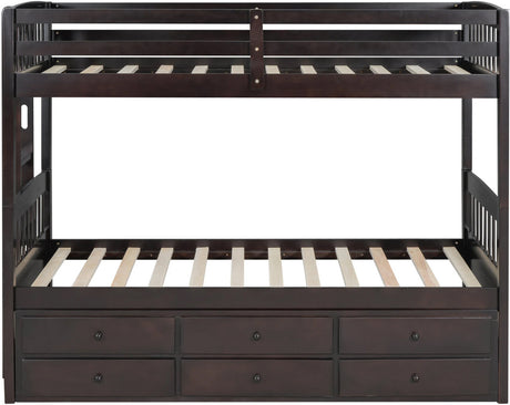 RASCAL Dark Brown Twin over Twin Bunk Bed with Trundle & Drawers