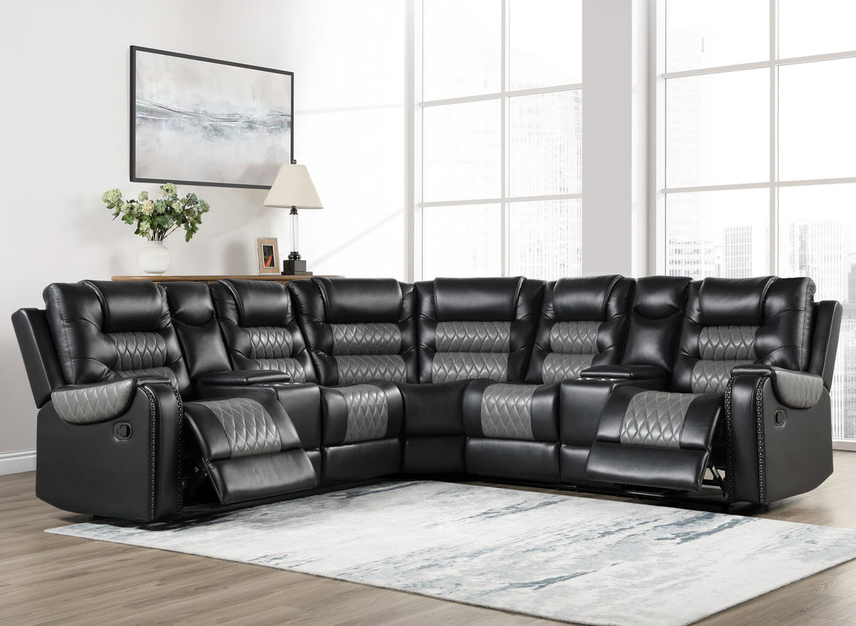 RAYBAN Black & Gray 112" x 112" Reclining Sectional