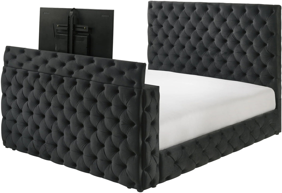 RAYRAY Black Velvet 61" Height Bed with Fireplace and Lift-Up TV Mount