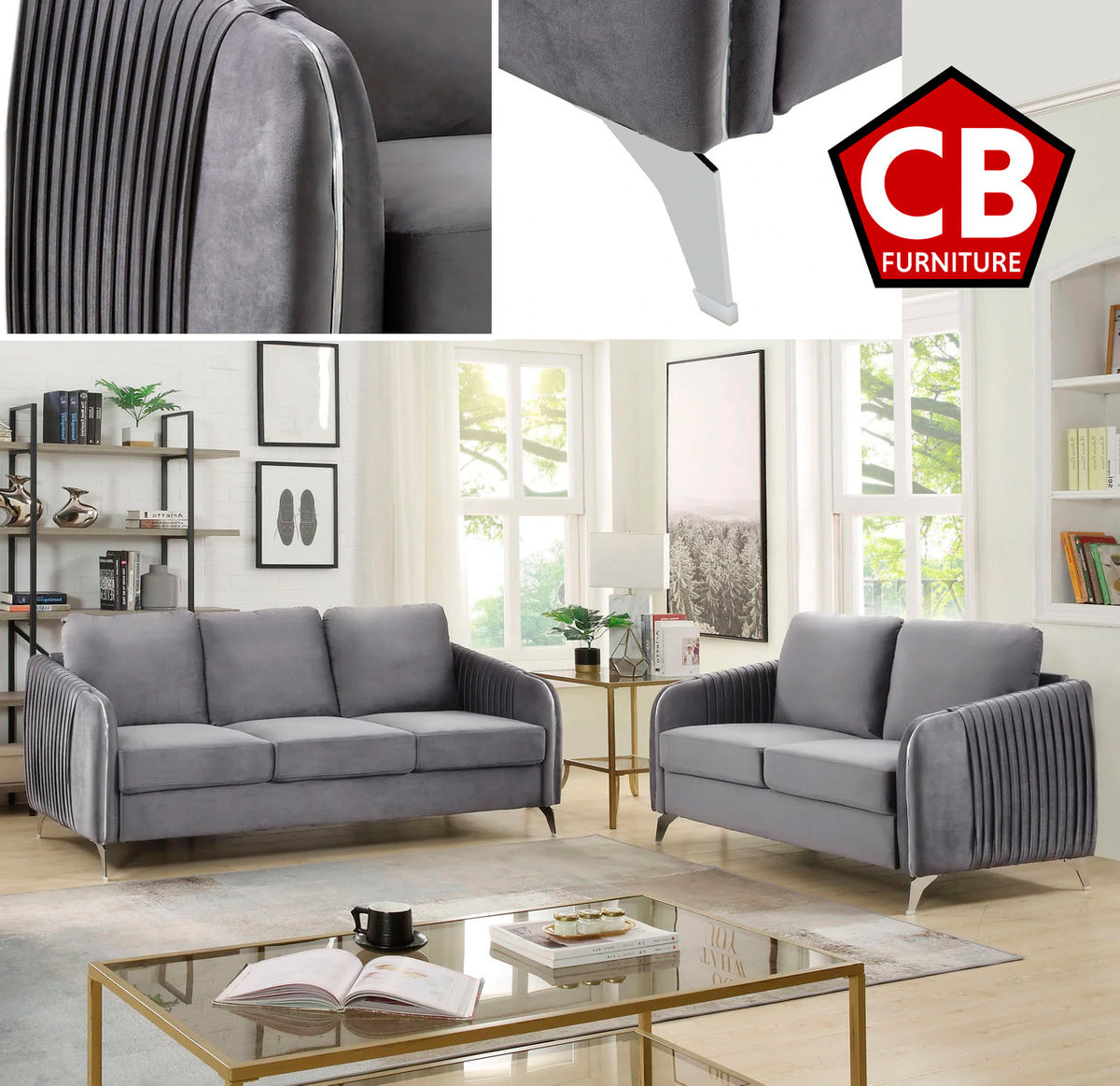 REIJI Gray Velvet Sofa & Loveseat