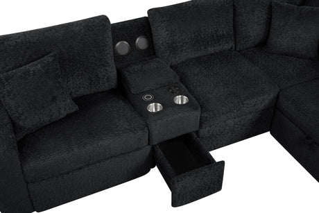 REUNION Black 121" x 112" Reclining Sectional with Pull-Out Sleeper & Storage