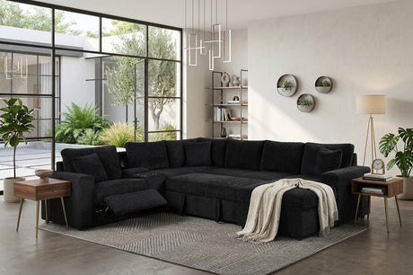 REUNION Black 121" x 112" Reclining Sectional with Pull-Out Sleeper & Storage