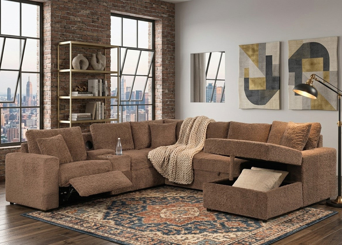 REUNION Brown 121" x 112" Reclining Sectional with Pull-Out Sleeper & Storage