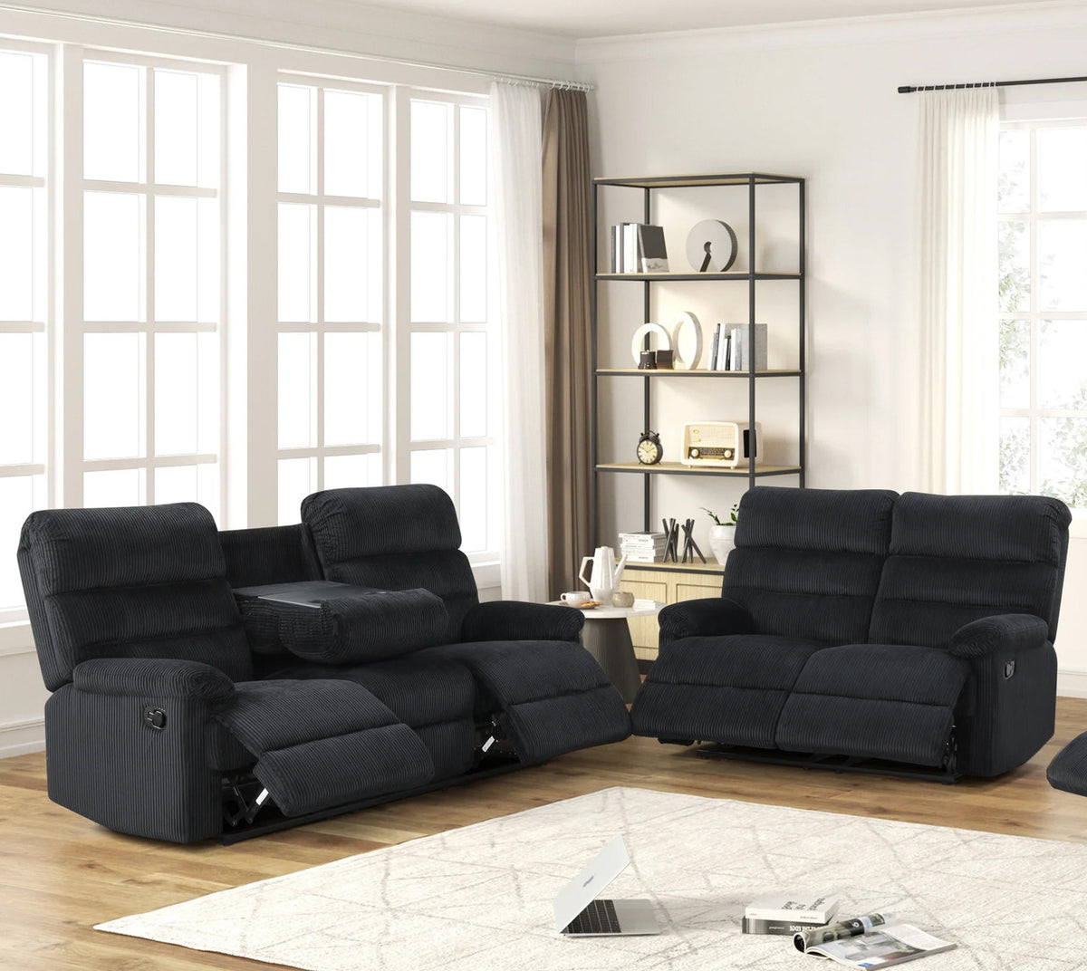ROANOKE Black Corduroy 3 Piece Reclining Livingroom Set