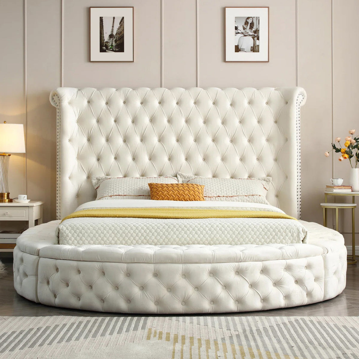SAMMIE Cream Velvet Round Platform Bed with Storage Benches with USB