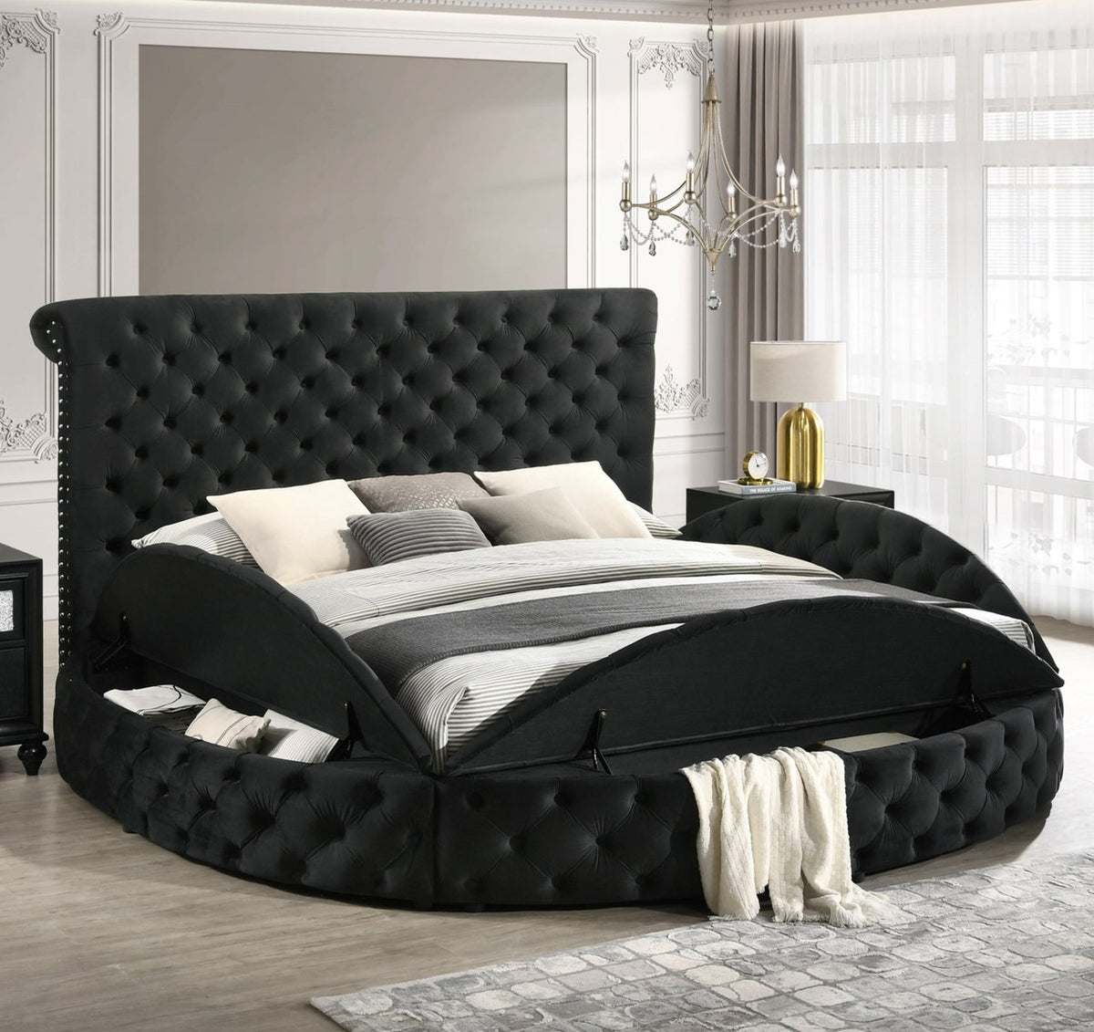 SAMMIE Black Velvet Round Bed with Storage Benches