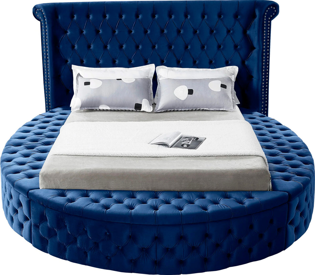 SAMMIE Blue Velvet Round Platform Bed with Storage Benches (RTA)