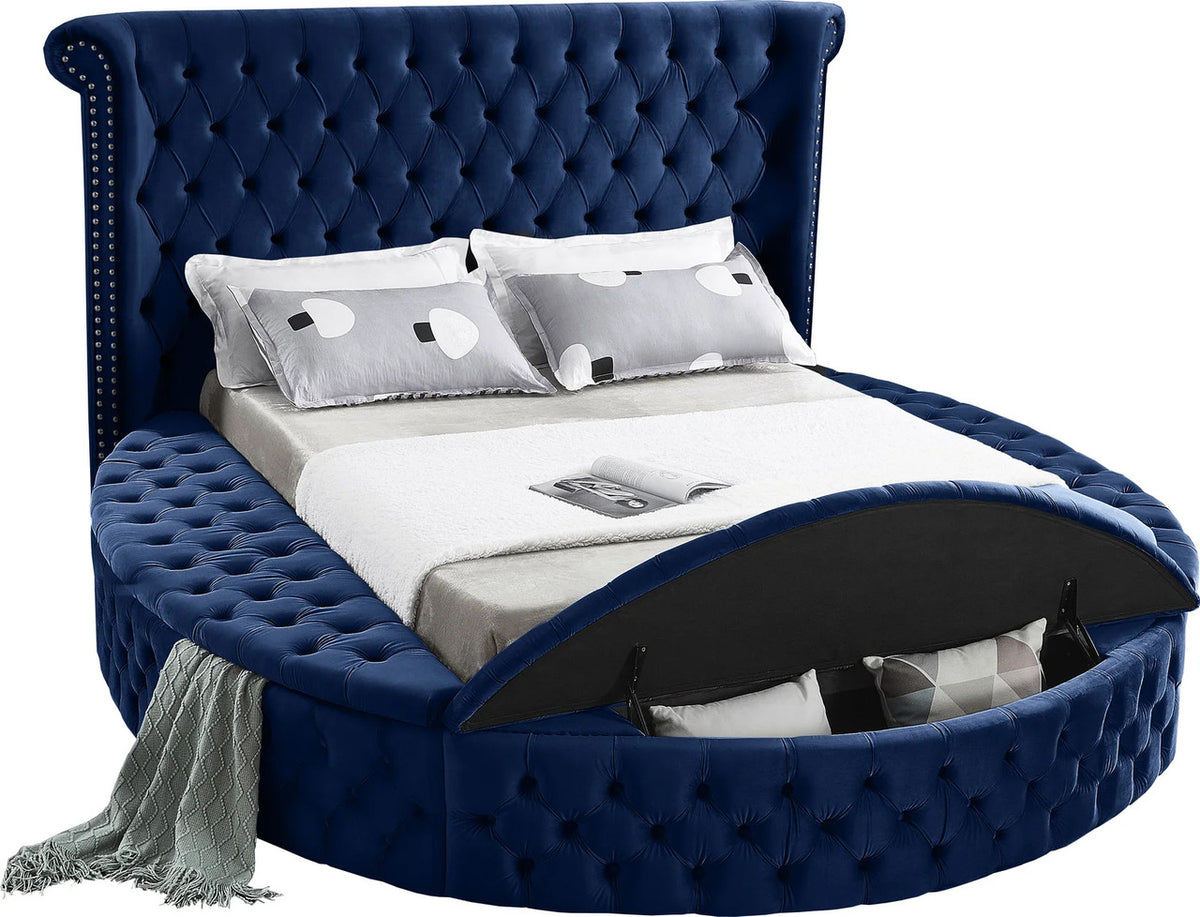SAMMIE Blue Velvet Round Platform Bed with Storage Benches (RTA)