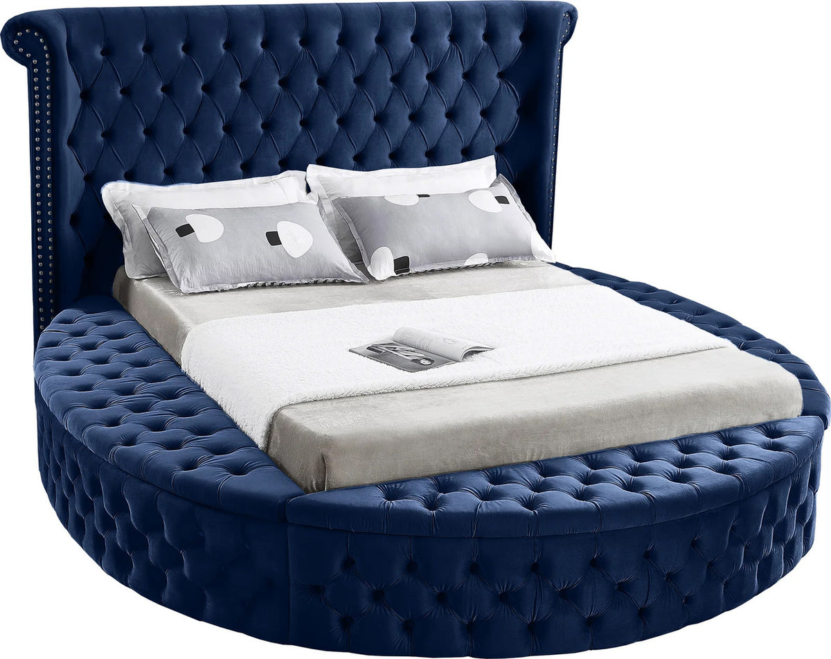 SAMMIE Blue Velvet Round Platform Bed with Storage Benches (RTA)