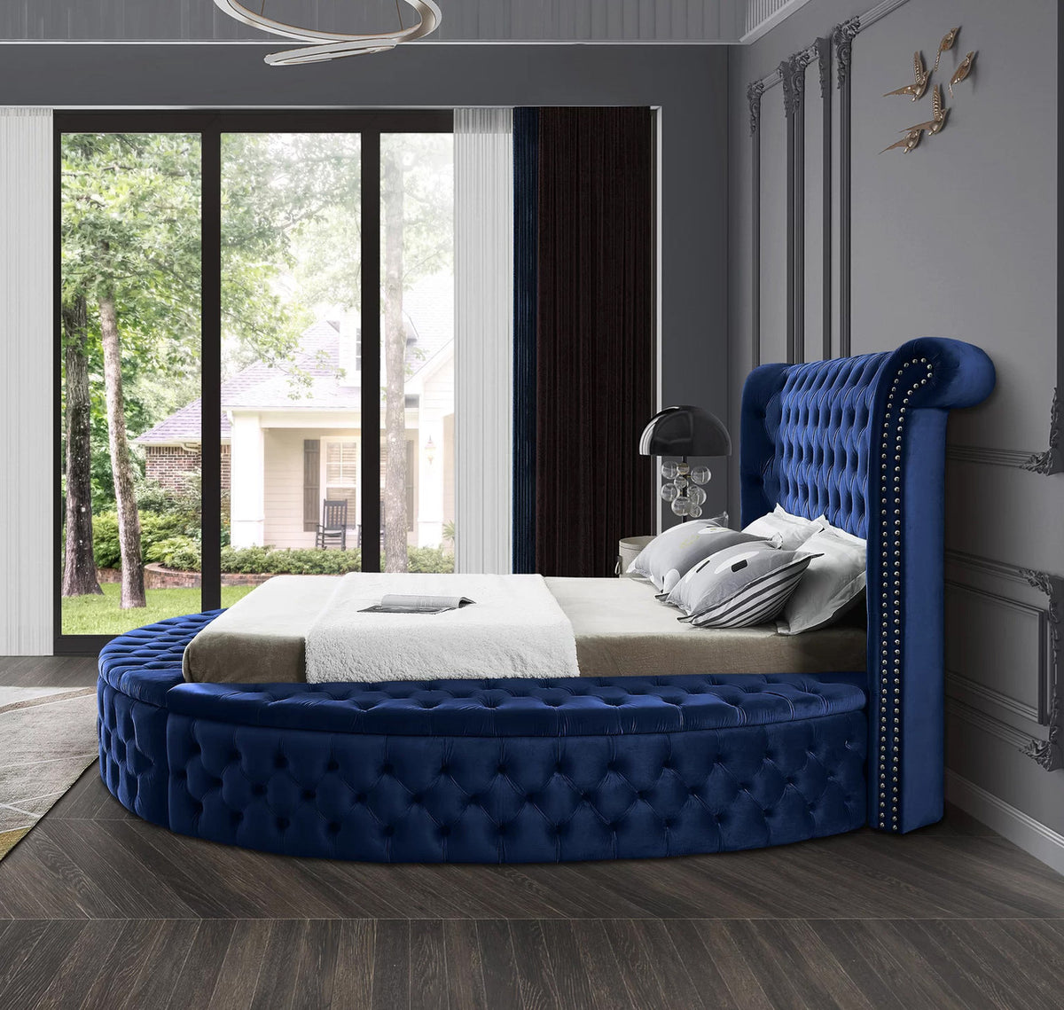 SAMMIE Blue Velvet Round Platform Bed with Storage Benches (RTA)