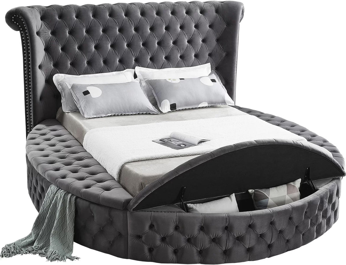 SAMMIE Gray Velvet Round Platform Bed with Storage Benches