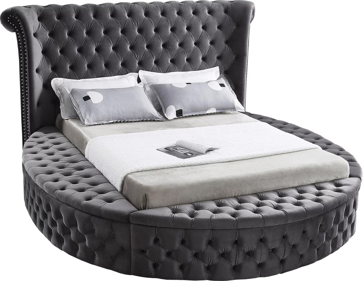 SAMMIE Gray Velvet Round Platform Bed with Storage Benches