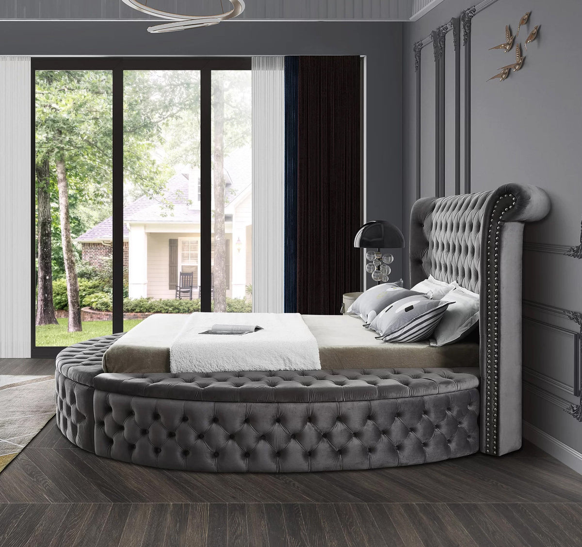 SAMMIE Gray Velvet Round Platform Bed with Storage Benches