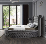 SAMMIE Gray Velvet Round Platform Bed with Storage Benches