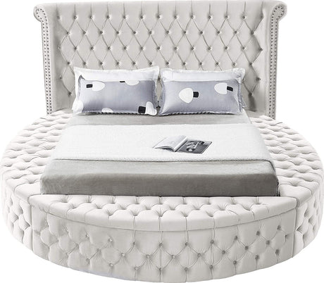 SAMMIE Cream Velvet Round Platform Bed with Storage Benches with USB