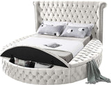 SAMMIE Cream Velvet Round Platform Bed with Storage Benches with USB