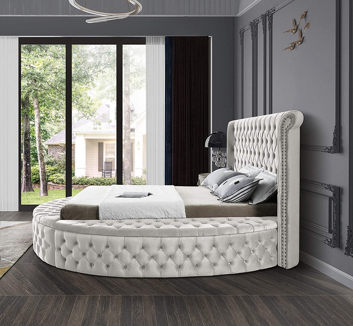 SAMMIE Cream Velvet Round Platform Bed with Storage Benches with USB