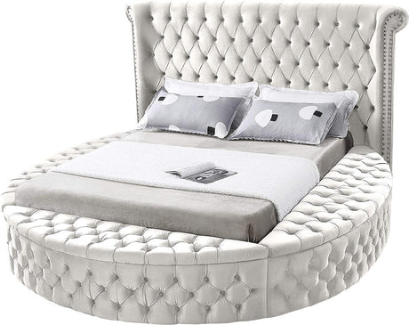 SAMMIE Cream Velvet Round Platform Bed with Storage Benches with USB