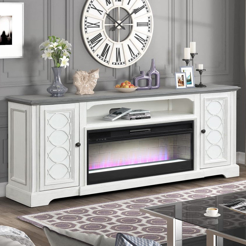 SELLES White 82" Wide x 32" Height TV Stand with Fireplace