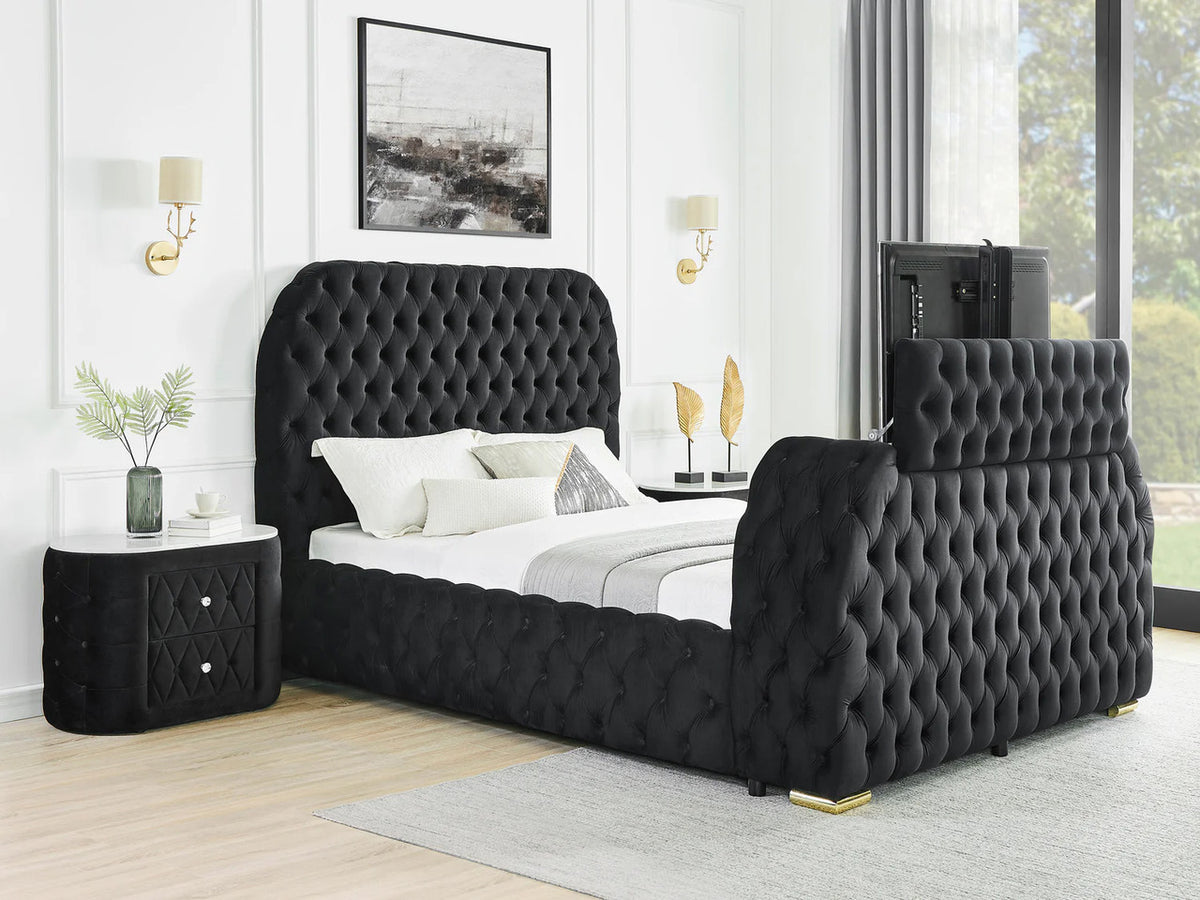 SINGAPORE Black Velvet 59" Height Platform Bed with Fireplace and Lift-Up TV Mount