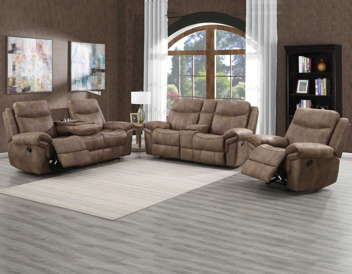 SNIDER Brown 88" Wide Reclining Sofa with Drop-Down Table
