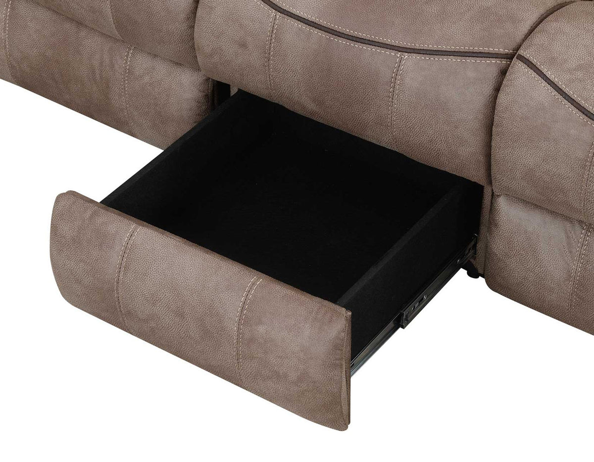 SNIDER Brown 88" Wide Reclining Sofa with Drop-Down Table