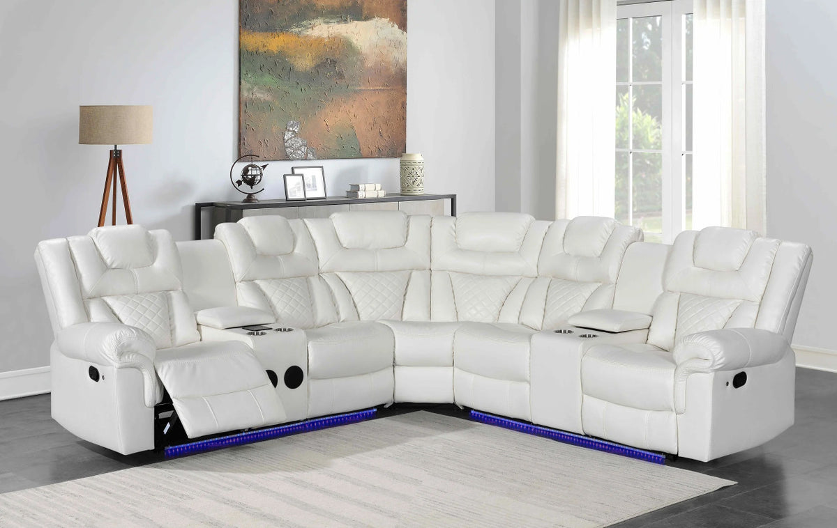 SOLEI White 100" Wide Reclining Sectional with Speakers