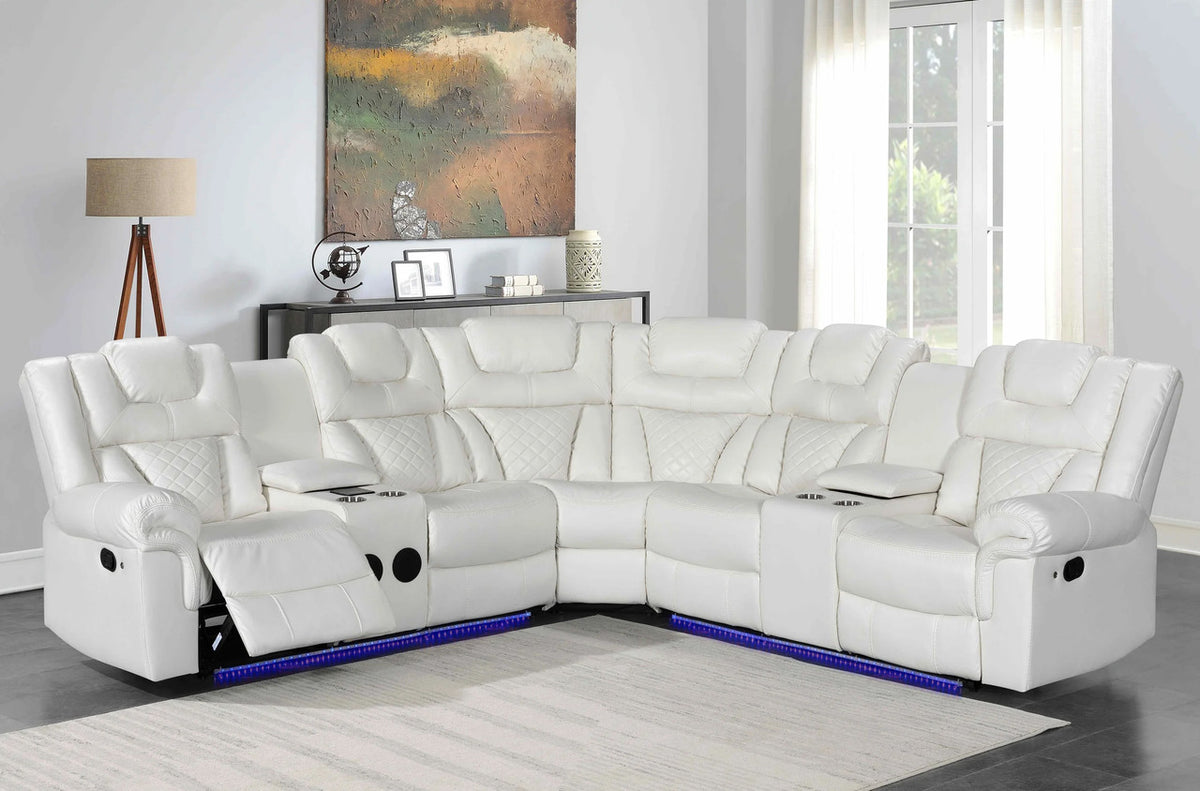 SOLEI White 100" Wide Reclining Sectional with Speakers