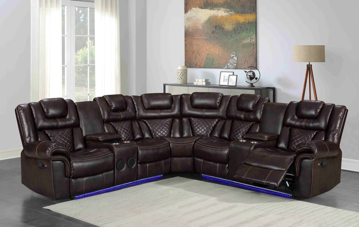 SOLEI Brown 100" Wide Reclining Sectional with Speakers
