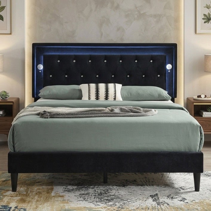 SOUNDWAVE Black 44" Height LED Platform Bed with Bluetooth Speakers
