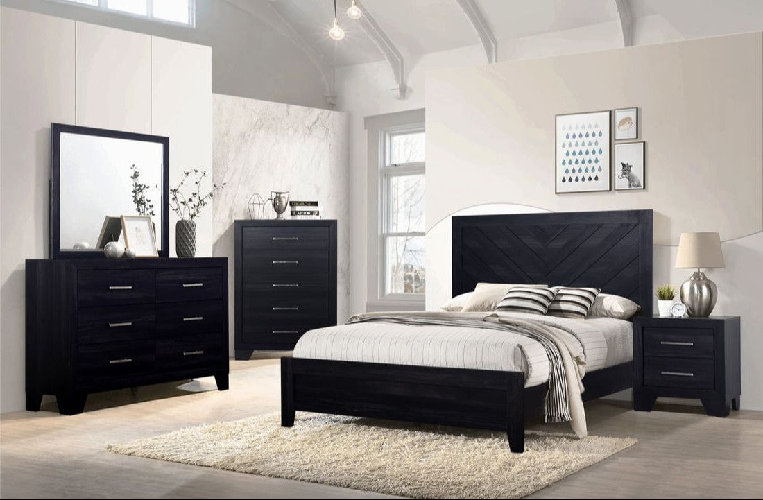 SPORCLE Black Bedroom Set - Bed, Nightstand, Dresser, Mirror, Chest