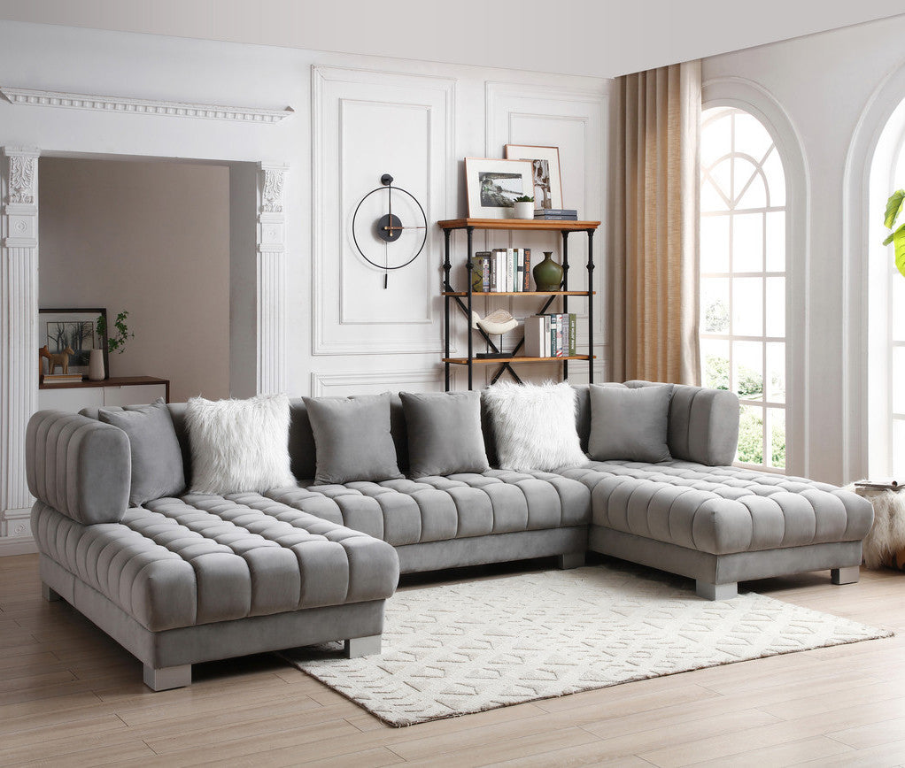 STARWIND Gray Velvet 141" Wide Double Chaise Sectional