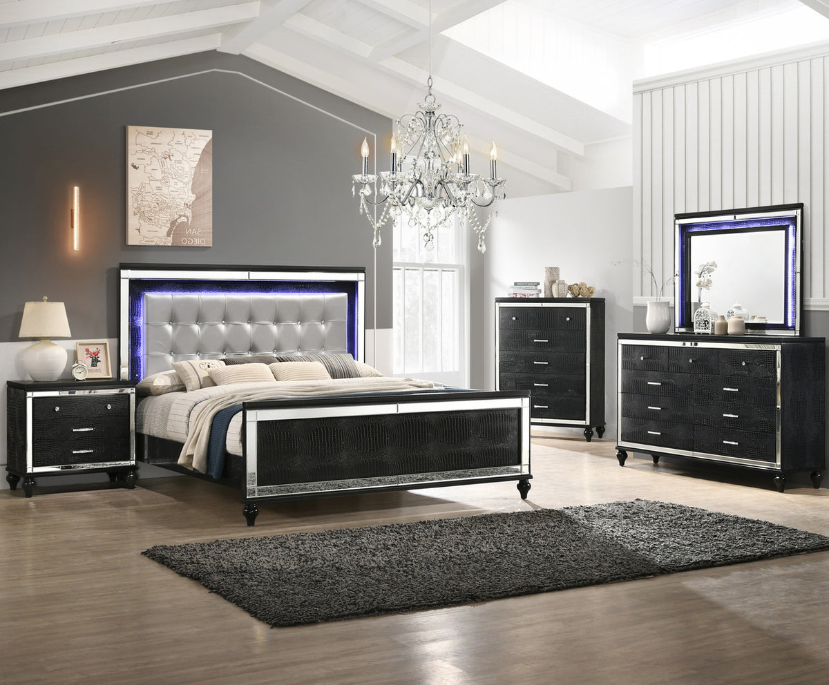 STRADA Black Alligator Texture & Mirror Bed with LED's