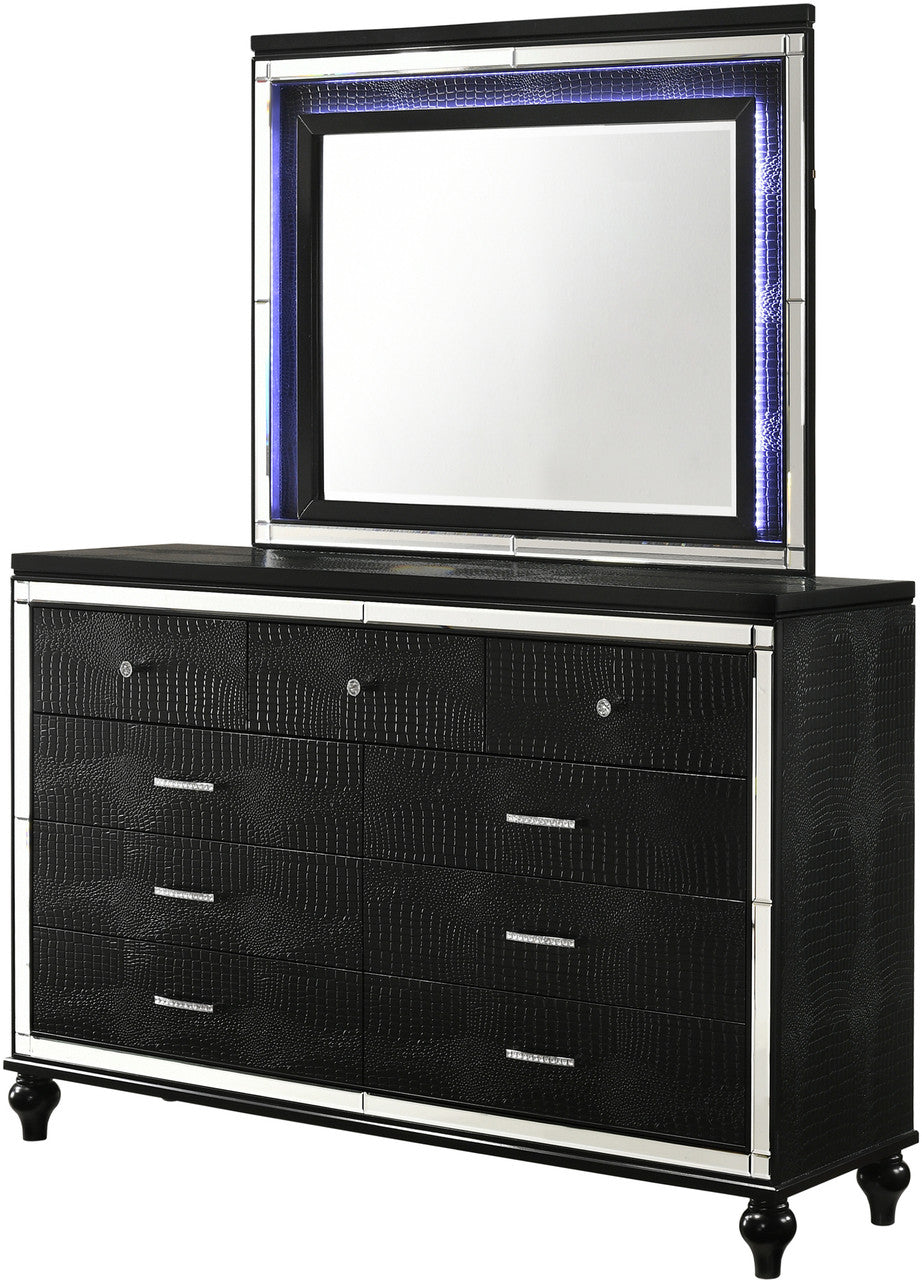 STRADA Black Alligator Texture 67" Wide Dresser & Mirror with LED's